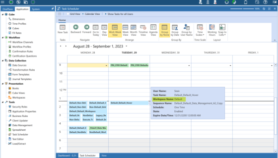 Calendar View is selected with a yellow highlight on work week view and group by none setting. 
